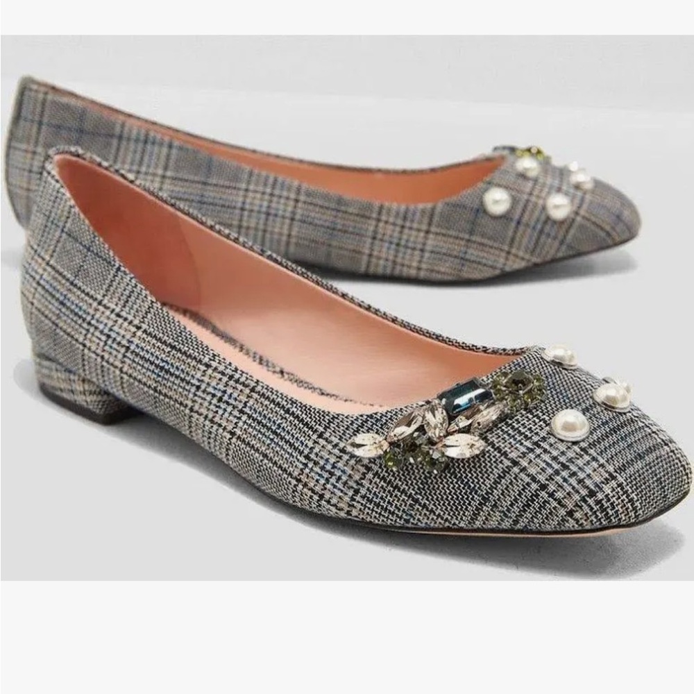 J. Crew SALLY Poppy BALLET Pearls EMBELLISHED PLAID Flats Black Shoes 7.5 - Picture 2 of 8